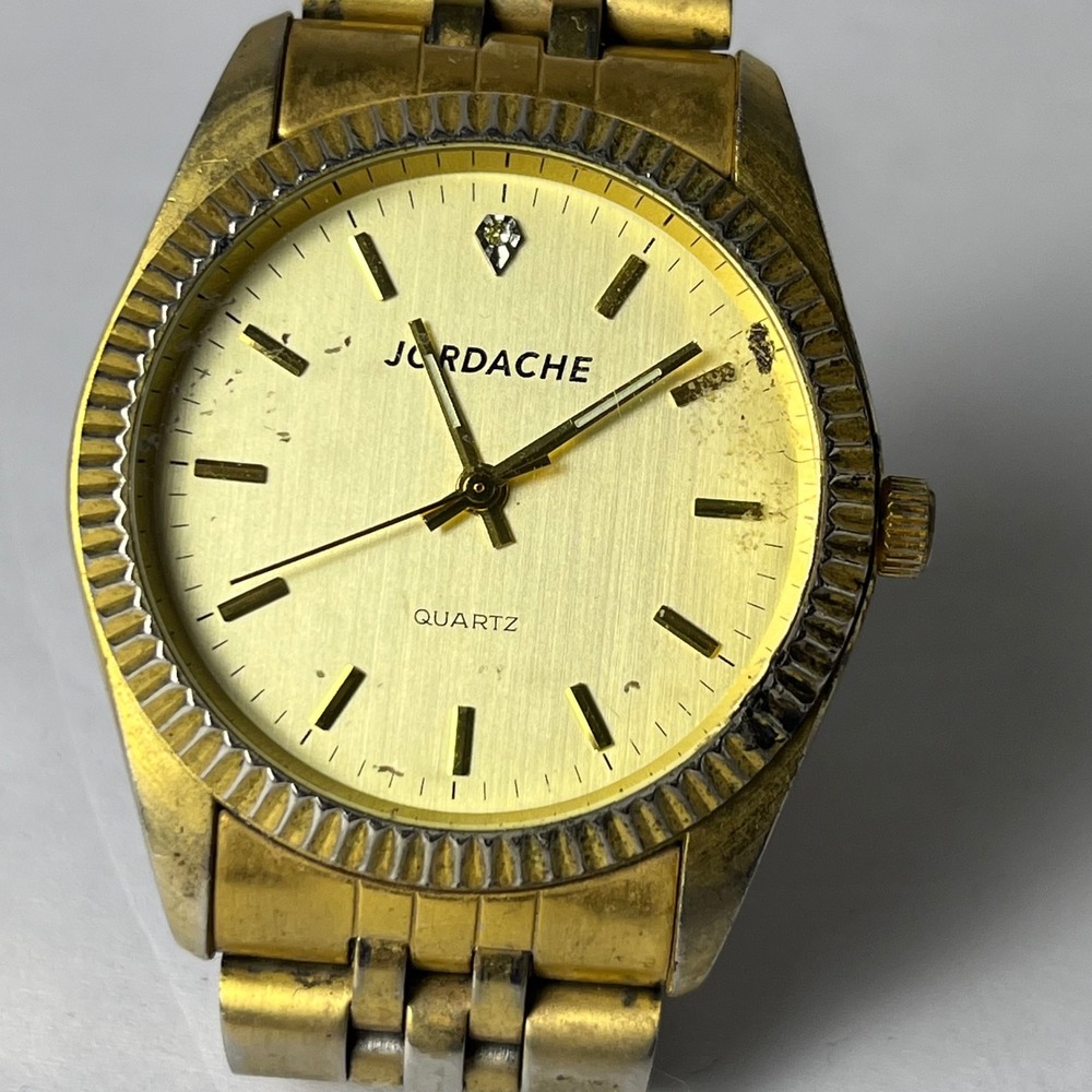 Jordache Mens Gold Tone Quartz Watch LJD156 Fluted Bezel Crystal Marker Repair